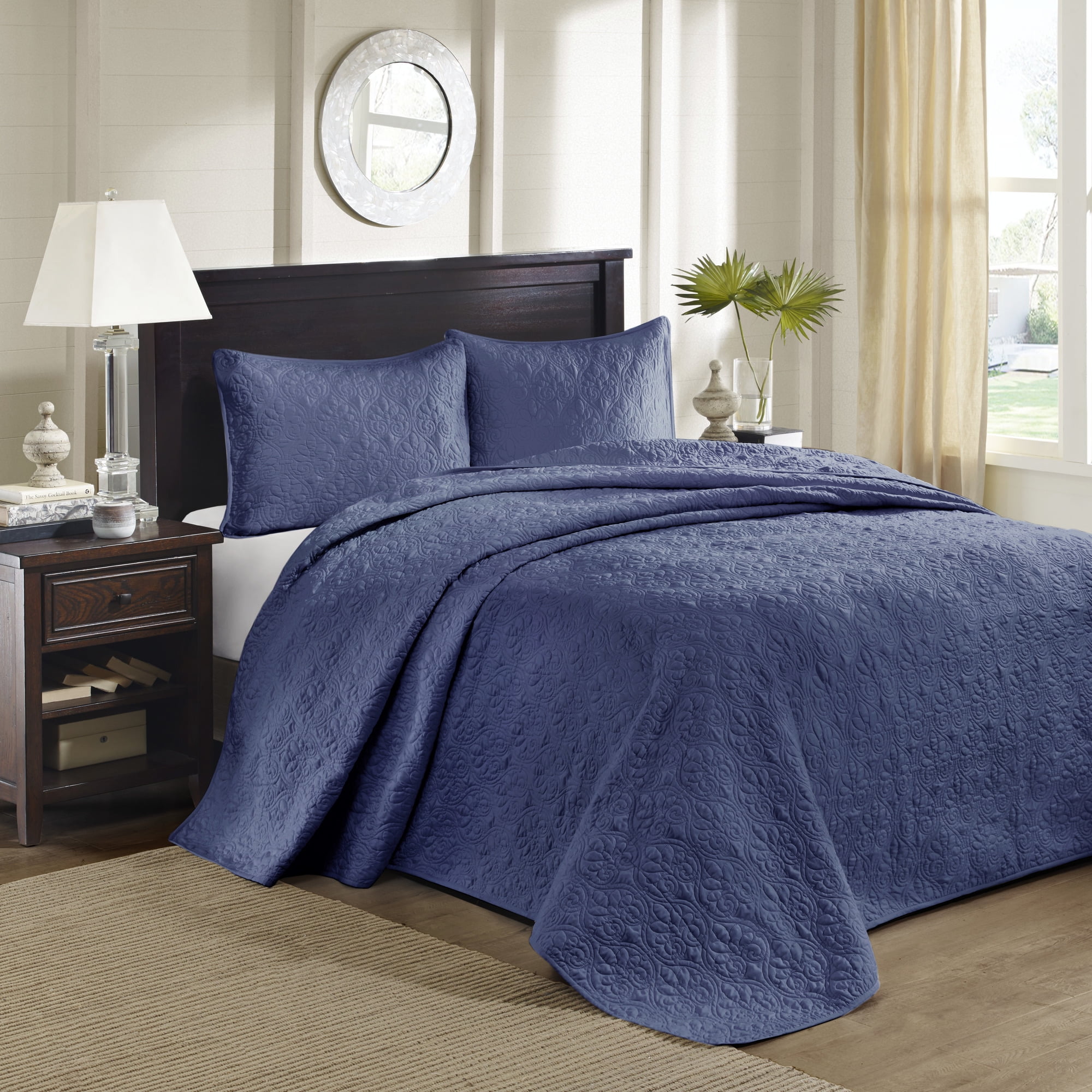 Navy Queen Reversible Microfiber Bedspread Set