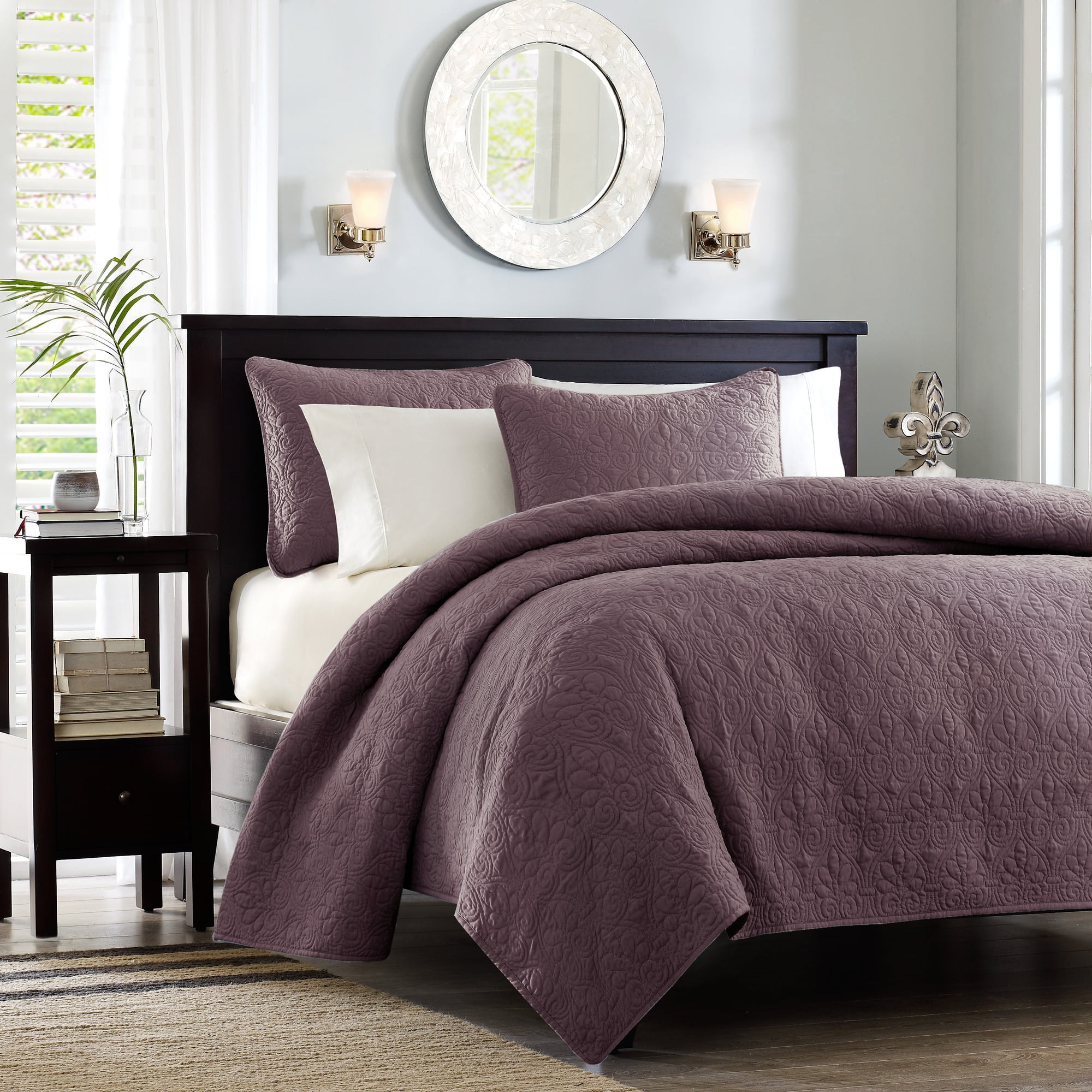Purple Reversible Microfiber Floral Full Quilt Set