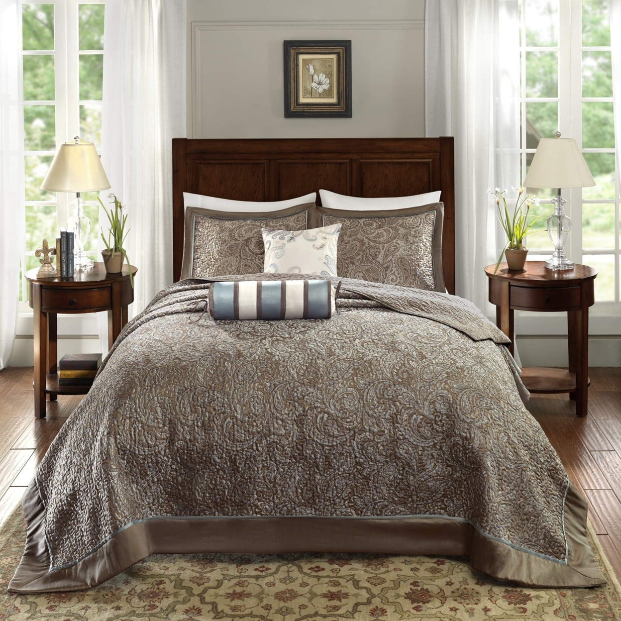 King Blue Reversible Jacquard Bedspread Set with Decorative Pillows