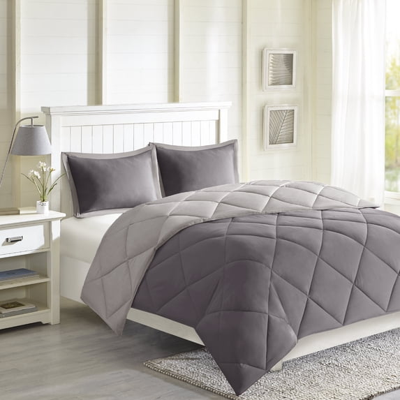 Home Essence Windsor Reversible Down Alt 3M Scotchgard Comforter Set, Charcoal, Twin/TXL