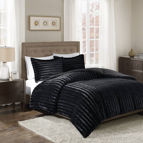 Faux Fur Comforter Mini Set-Color:Black,Size:King/Cal King