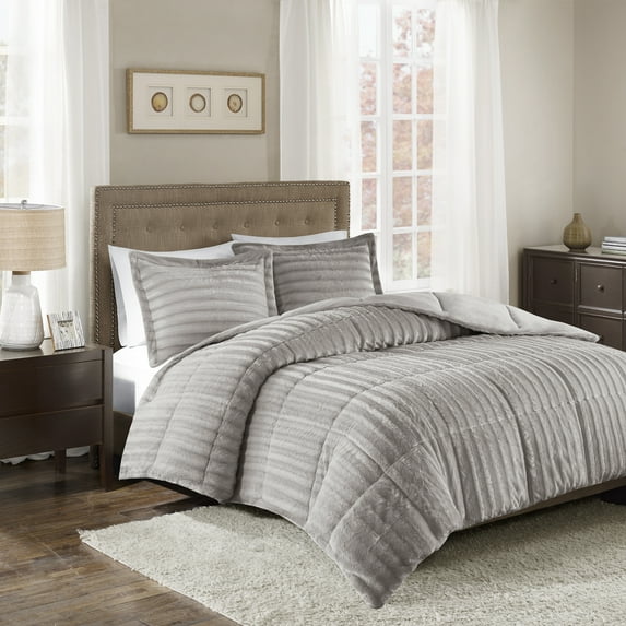 Home Essence York Faux Fur 3 Piece Solid Comforter Set, King/Cal King, Grey