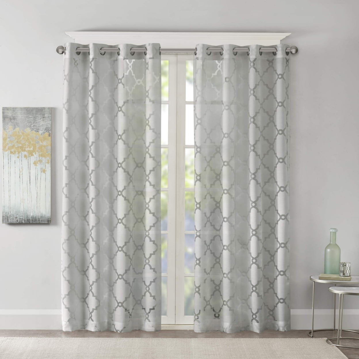 Gray Sheer Grommet Top Fretwork Curtain Panel 50x95