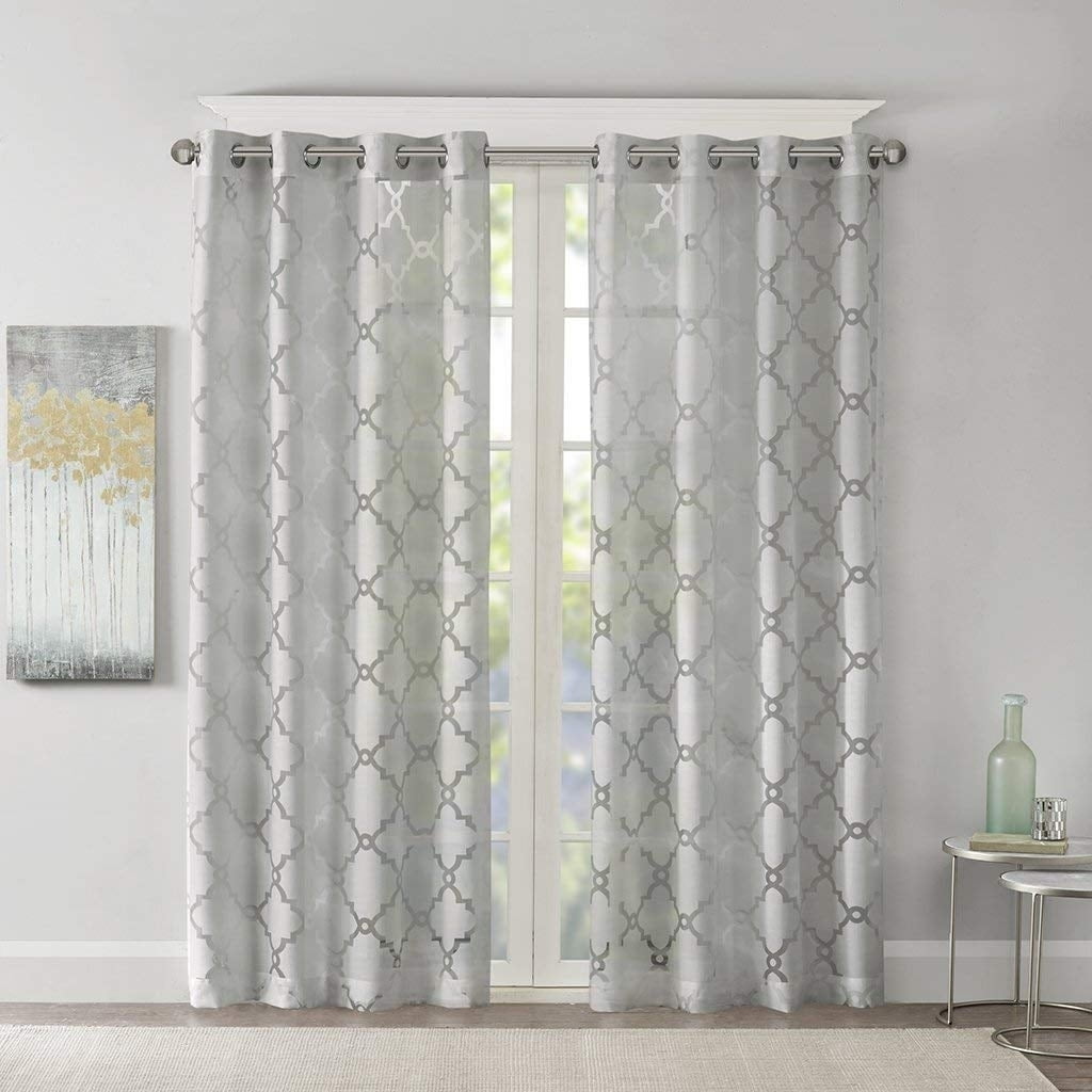 Gray Sheer Grommet Top Fretwork Curtain Panel