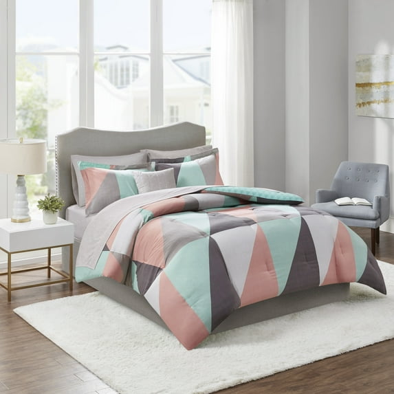 Home Essence Zuri Geometric 8 Piece Reversible Comforter Set Bed-in-a-Bag, King, Aqua