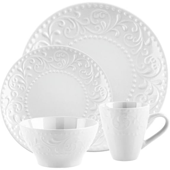 Home Essentials Beyond White Scroll Embossed 16-Piece Ceramic Dinnerware Set
