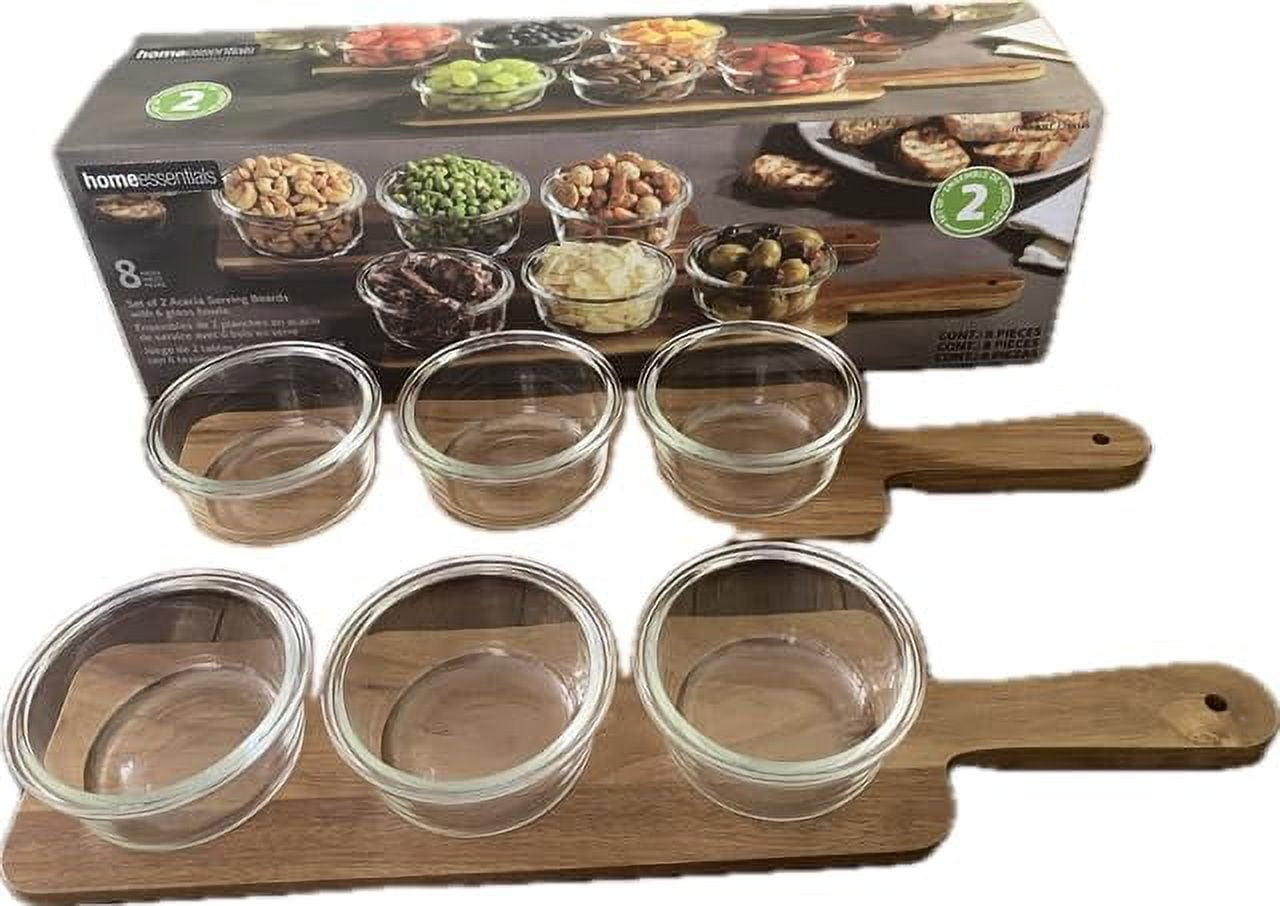 Acacia Wood Serving Boards with Clear Glass Bowls Set