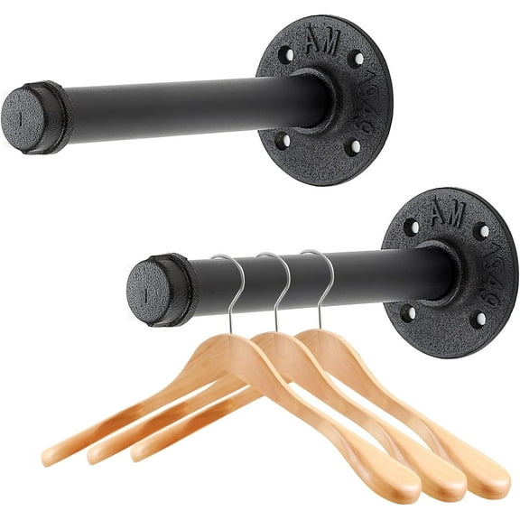 Home Expert 6 Inch Black Industrial Pipe Floating Clothing Rack Wall Mounted, Heavy Duty Garment Rack for Hanging Clothes, Multi-purpose Hanging Rod for Closet Storage, 2 Pack