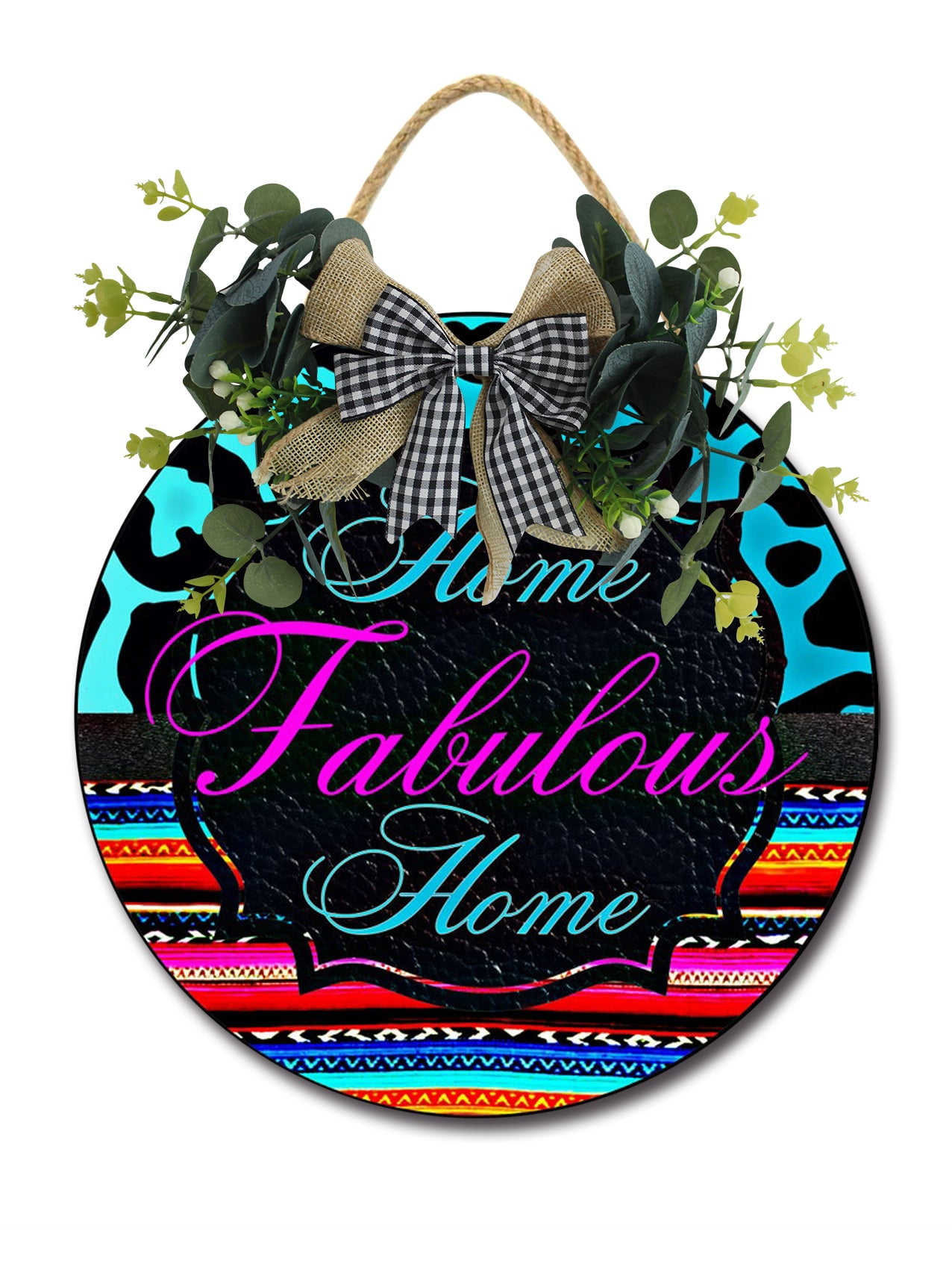 Home Fabulous Home Sign Front Door Porch Decorations, Round Rustic Wood