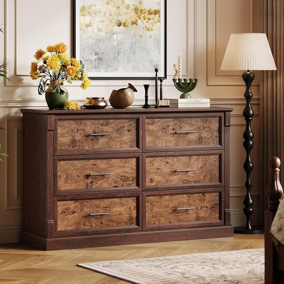 Home Farmhouse 6 Drawer Dresser for Bedroom, Rustic Wood Chest of Drawers with Metal Handles, Large Double Dresser TV Stand, Storage Dressers Organizer for Living Room, Nursery