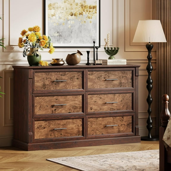 Home Farmhouse 6 Drawer Dresser for Bedroom, Rustic Wood Chest of Drawers with Metal Handles, Large Double Dresser TV Stand, Storage Dressers Organizer for Living Room, Nursery