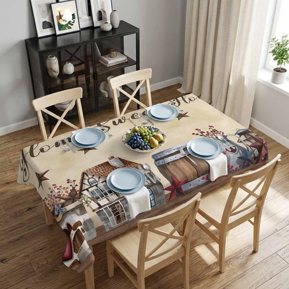 Home Farmhouse Barn Rectangle Tablecloth 52x70 Inch Retro Stars Wood Waterproof Polyester Tablecloth for Dining Table, Washable Table Cover for Kitchen Dining Room Wedding Decoration,Stain Resistant