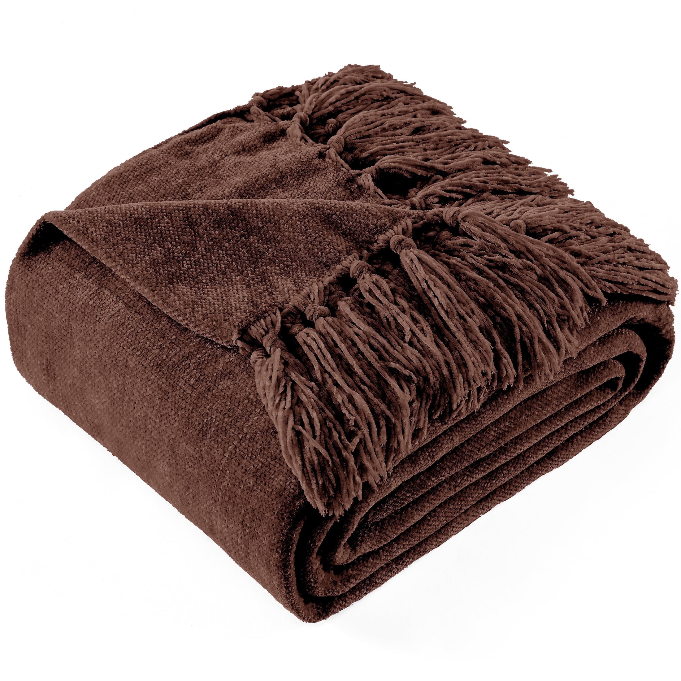 LONG CREATE Chenille Throw Blanket with Fringe Tassel for Couch Sofa Chair Bed, Dark Brown 60" x 80"