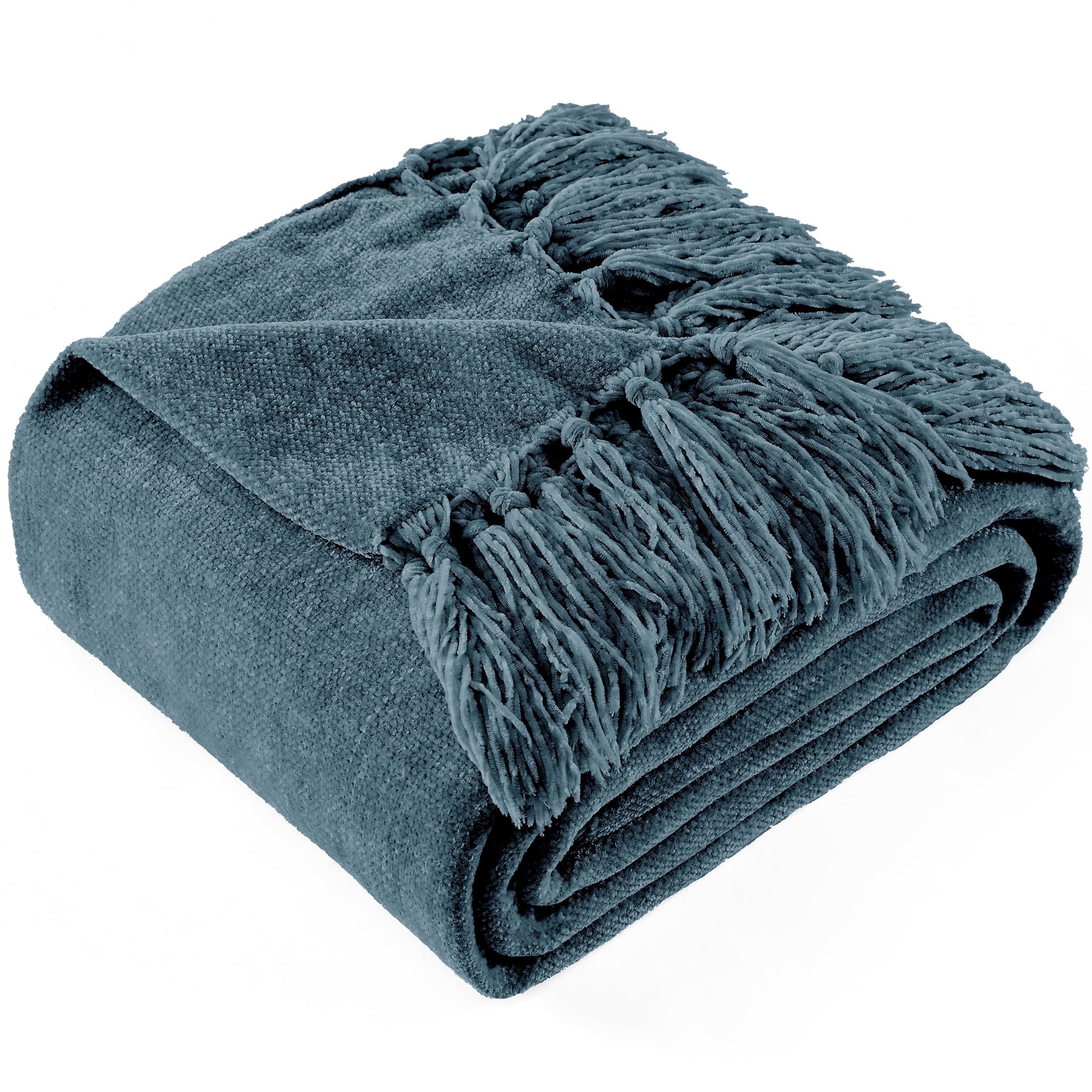 LONG CREATE Chenille Throw Blanket with Fringe Tassel for Couch Sofa Chair Bed, Dusty Blue 60" x 80"