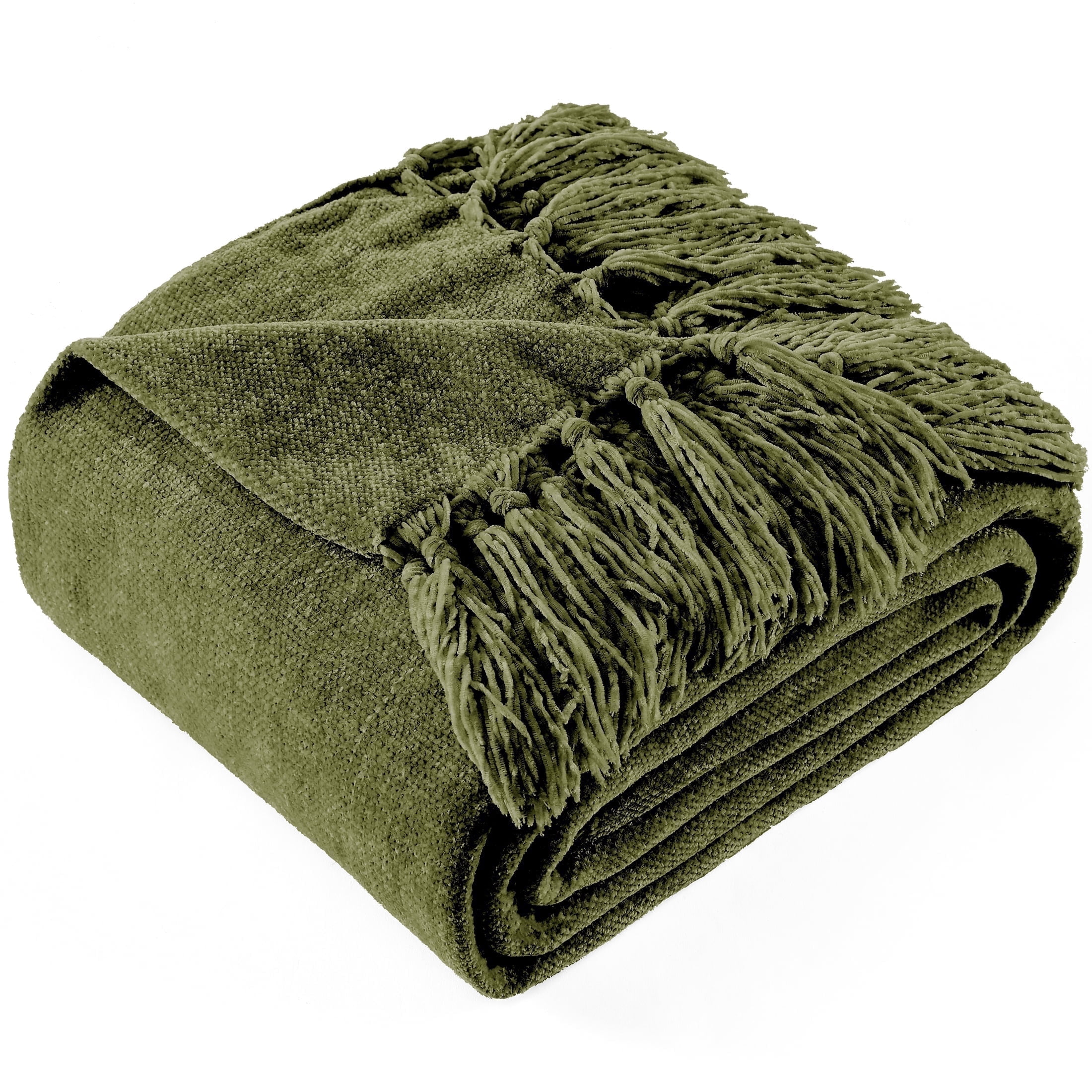 LONG CREATE Chenille Throw Blanket with Fringe Tassel for Couch Sofa Chair Bed, Olive Green 50" x 60"