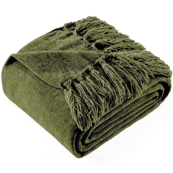 LONG CREATE Chenille Throw Blanket with Fringe Tassel for Couch Sofa Chair Bed, Olive Green 50" x 60"