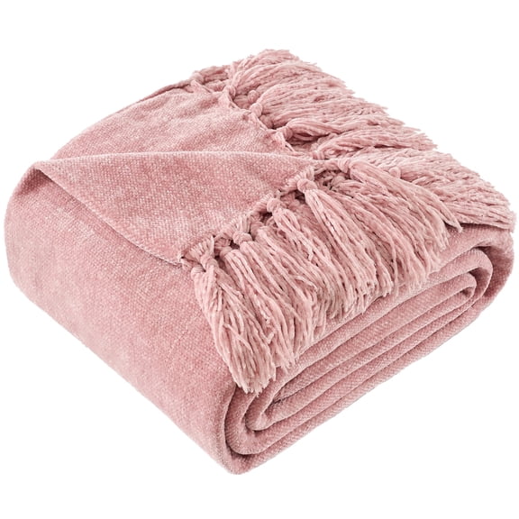 Home Farmhouse Boho Decor Chenille Throw Blanket, Soft for Couch Sofa Chair Bed, Pink 50" X 60"
