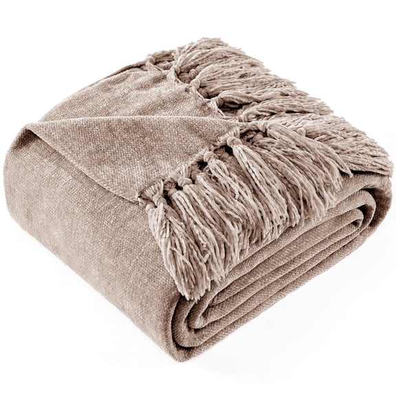 LONG CREATE Chenille Throw Blanket with Fringe Tassel for Couch Sofa Chair Bed, Taupe 50" X 60"