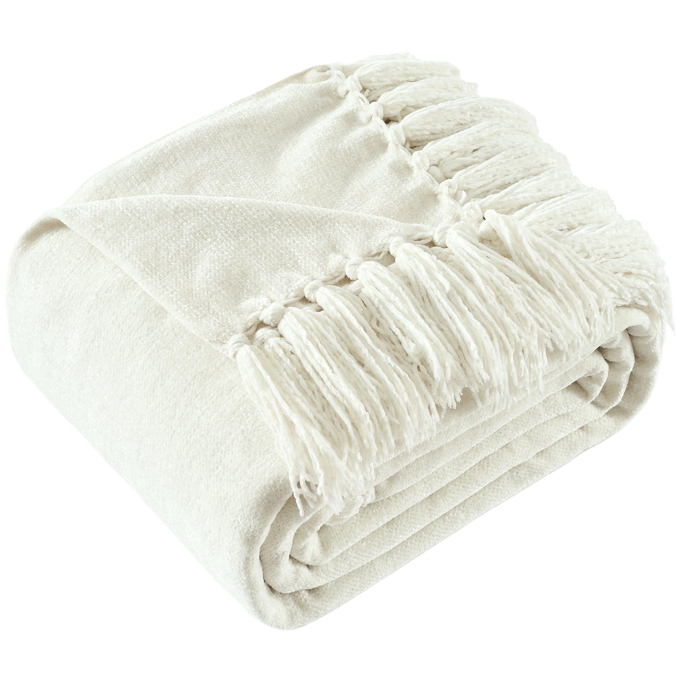 LONG CREATE Chenille Throw Blanket with Fringe Tassel for Couch Sofa Chair Bed, White 60" x 80"