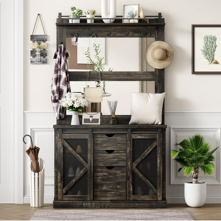 Home Farmhouse Hall Tree White Dark Oak with High Definition Mirrors Spacious Storage and Stable Shoe Cubbies Multifunctional Coat Rack and Bench for Entryway Walmart