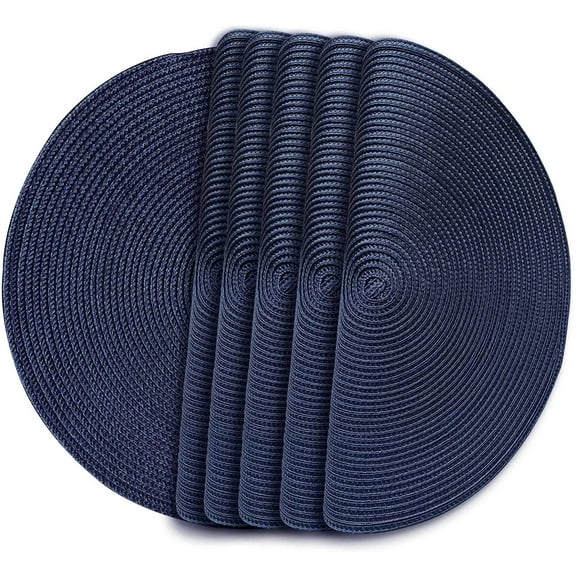 Home Fashion Round Braided Woven Polypropylene Plastic Placemats Set of 6 (Navy Blue, 6)