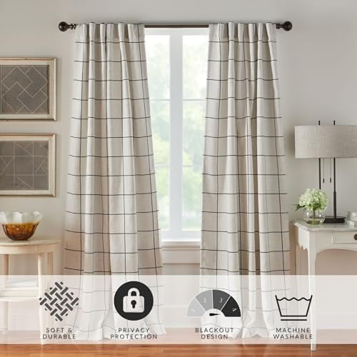 Home Fashions Brighton Windowpane Plaid Blackout Window Curtain, Living Room and Bedroom Drape with Rod Pocket Tabs, 52" x 95", 1 Panel, Black