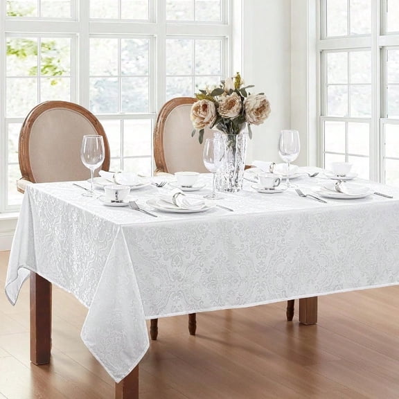 Home Fashions Caiden Elegance Damask Waterproof Stain Wrinkle Resistant Fabric Tablecloth 60 x 144 Oblong/Rec White