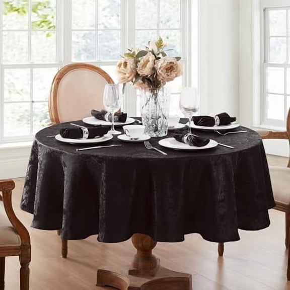 Home Fashions Caiden Elegance Damask Waterproof, Stain & Wrinkle Resistant Fabric Tablecloth, 70" Round, Black