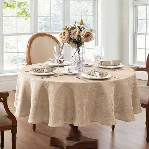 Home Fashions Caiden Elegance Damask Waterproof, Stain & Wrinkle Resistant Fabric Tablecloth, 90" Round, Taupe