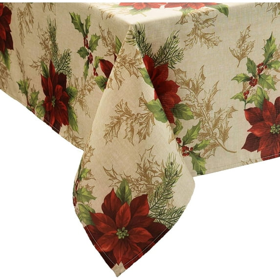 Home Fashions Festive Poinsettia Holiday Wrinkle Resistant Fabric Tablecloth, Multi, 60"x120" Rectangle