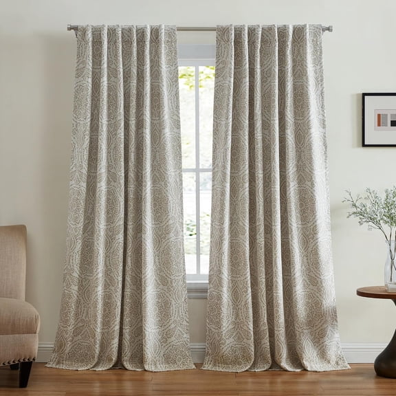 Home Fashions Giovanni Medallion Block Print Linen Blend Blackout Lined Window Curtain Panel, 52"x84", Natural