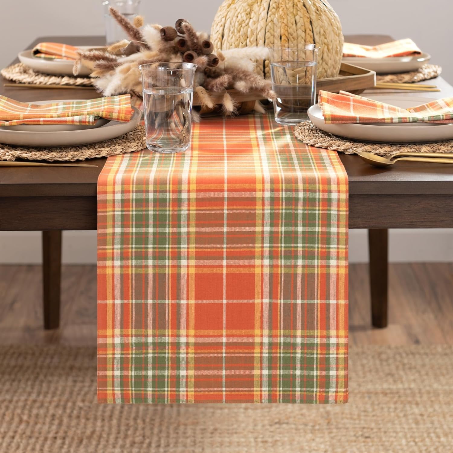 Hawley Plaid Harvest Cotton Table Runner in Autumn Colors, 13"x90"