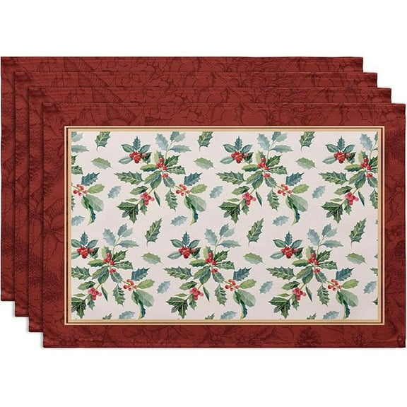 Home Fashions Holly Berry Flourish Holiday/Christmas Fabric Dining Table Placemat, Set of 4, 12"x18"