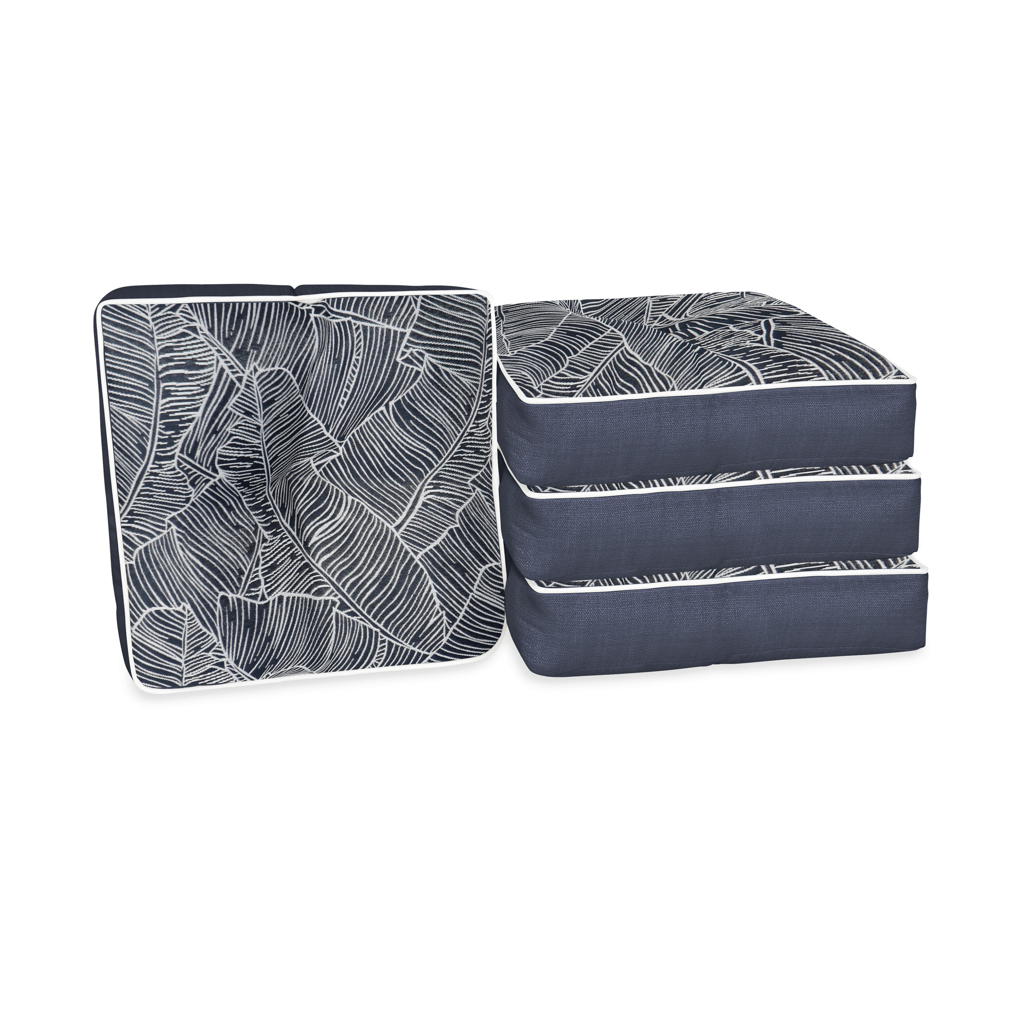 Navy and White Banana Leaf Pattern Outdoor Wicker Chair Cushions