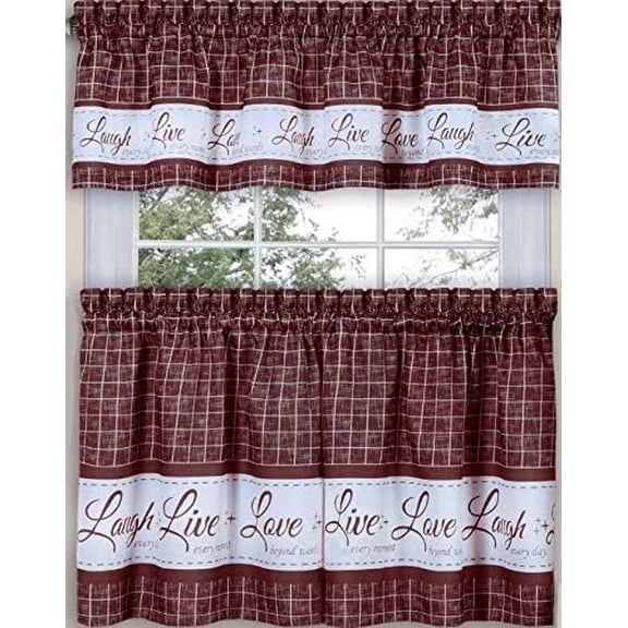 Home Fashions Live Love Laugh Burgundy Kitchen Window Curtain Set 3 Pc
