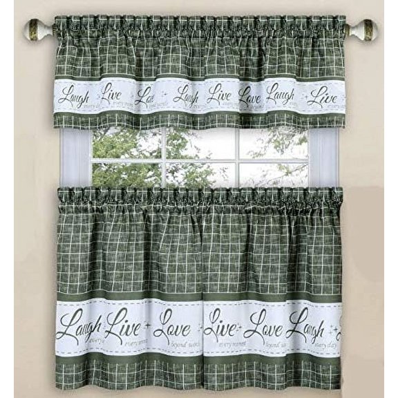 Home Fashions Live Love Laugh Green Kitchen Window Curtain Set 3 Pc