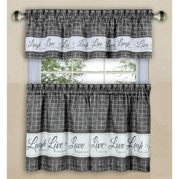 Home Fashions Live Love Laugh Grey Kitchen Window Curtain Set 3 Pc