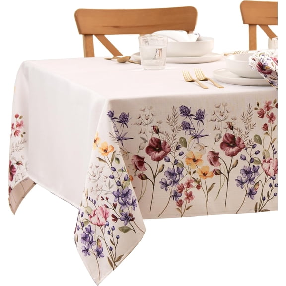 Home Fashions Poppy Wildflower Botanical Border Fabric Tablecloth, Rectangle, 60 inches X 102 inches