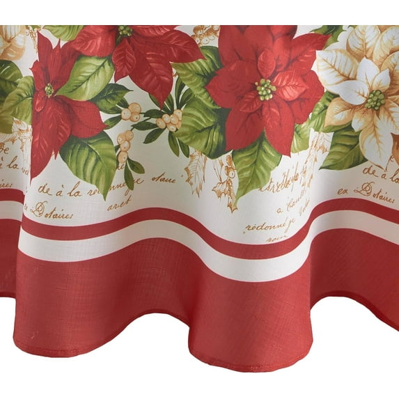 Home Fashions Red and White Poinsettia Holiday Fabric Wrinkle Resistant Tablecloth, 60" x 84" Oval, Multi