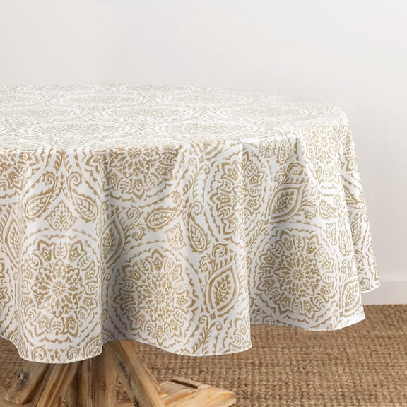 Home Fashions Savannah Boho Paisley Water- and Stain-Resistant Vinyl Tablecloth with Flannel Backing, 70 Inches X 70 Inches, Round, Taupe