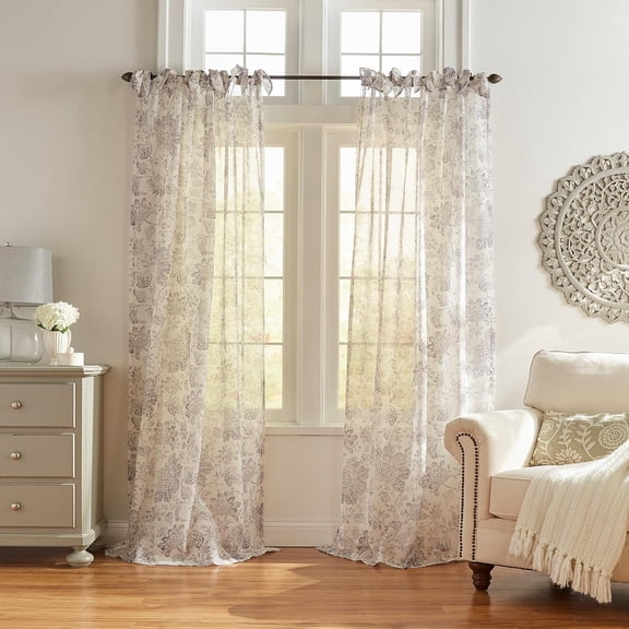 Home Fashions Westport Floral Tie-Top Sheer Window Curtain, 52" x 84" (1 Panel), Grey