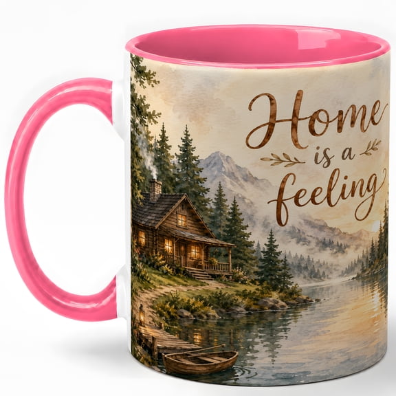 Home Is A Feeling Coffee Mug, Cozy Cabin Nature Mug, Housewarming Birthday Christmas Gift, Mountain Lake Cottage Quote Art, 11 oz White Ceramic Coffee Cup for Tea Lovers Gifts