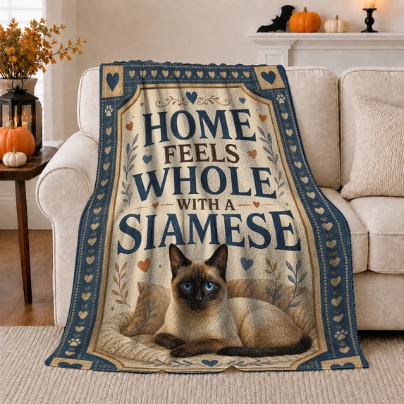 Home Feels Whole Siamese Rustic Farmhouse, Cozy Pet Portrait Pattern, Warm Flannel Blanket for Ranch House and Living Room, Cat Lovers Mother's Day Gift, Pet Lover Home Decor