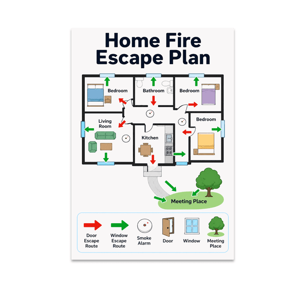 Home Fire Escape Plan Educational Reference - Family Safety - 13x19 Poster Print