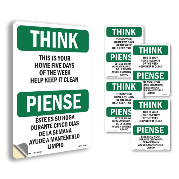 Home Five Days Help Keep It Clean Bilingual OSHA Think Vinyl Decal Label 5 Inch x 3.5 Inch - 5 Pack