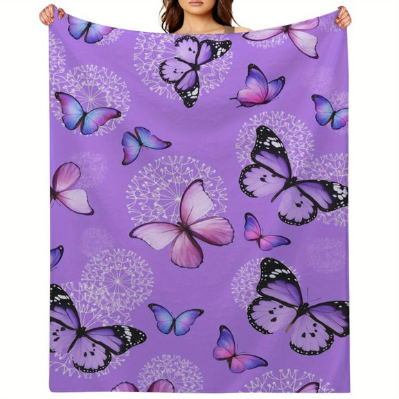 Home Flannel Blanket - Butterfly Element Pattern Comfortable All-Season Suitable Best Gift