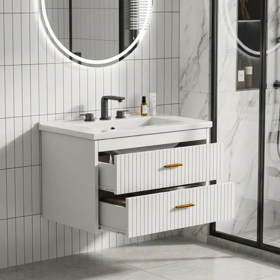 Home Floating Bathroom Vanity with Ceramic Sink 24 or 30 Inch, Modern Wall Mounted Vanity Sink Combo with 2 Large Storage Drawers and Gold Handles
