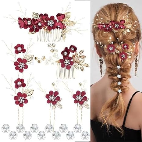 Home Flower Hair Comb - Floral Boho Comb with Rose Berry Handmade Bridal Crown Wedding Floral Headpiece (Burgundy)