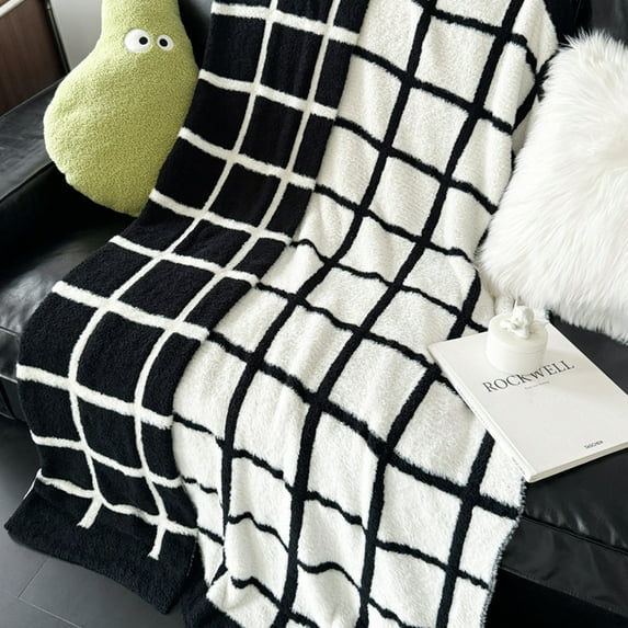 Home Fluffy Soft Faux Fur Feather Yarn Throw Blankets for Couch, Double Sided Checkered Throw Blankets, Cozy Lightweight Knit Throw Blanket for Sofa Chair Bed - Black and white
