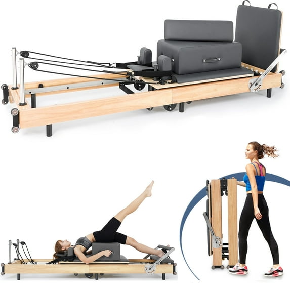 Home Foldable Pilates Reformer, Big Size-6 Metal Resistance Springs-Wood Pilates Machine & Equipment for Gym Workout, Up to 500 lbs Weight Capacity-Solid Basic Reformer for Beginners